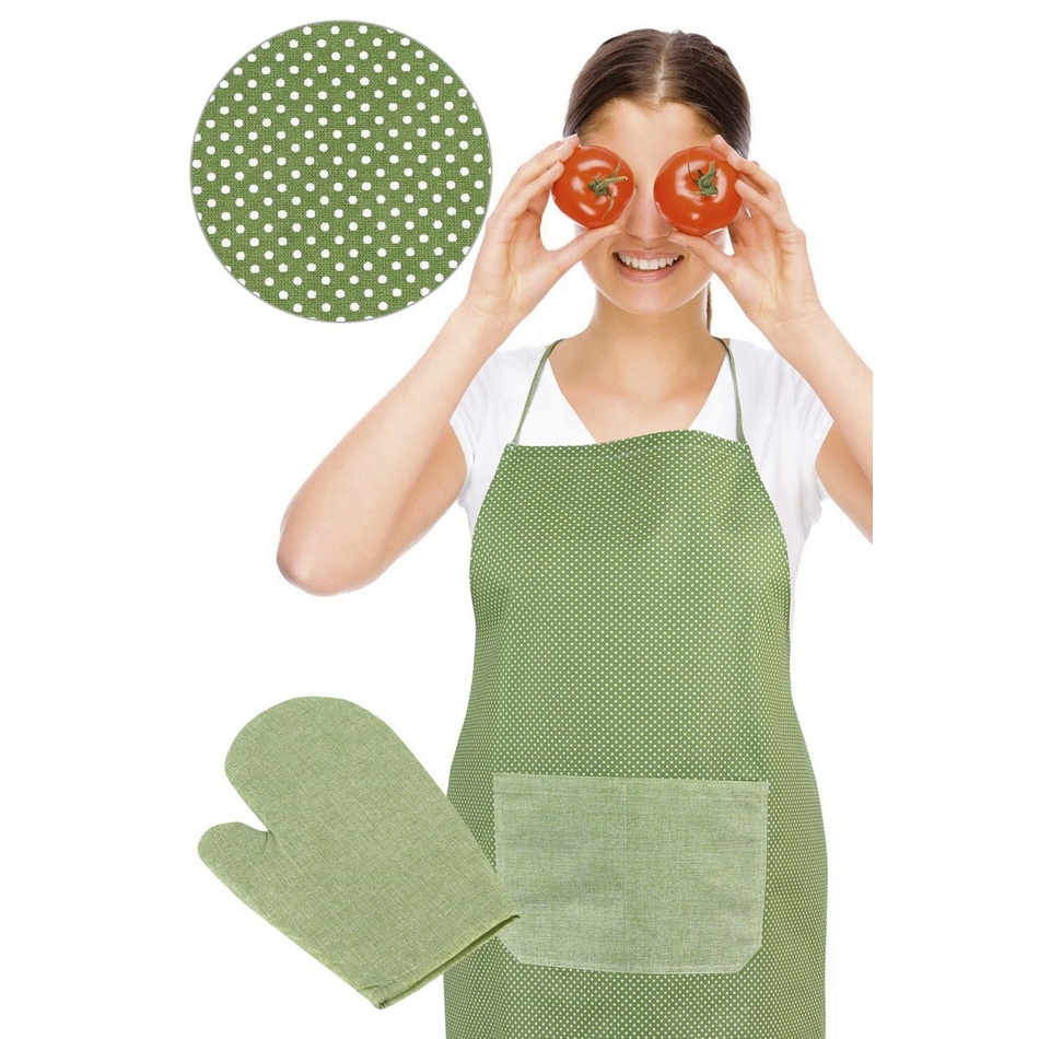Fartuch z rękawicą kuchenną, zielone kropki