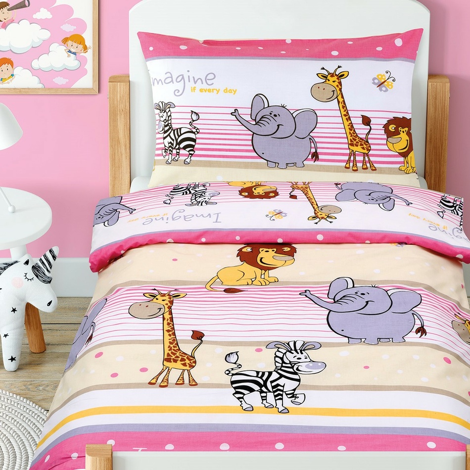 Lenjerie de pat copii, din bumbac, BeátaSafari roz, 100 x 135 cm, 45 x 60 cm 100