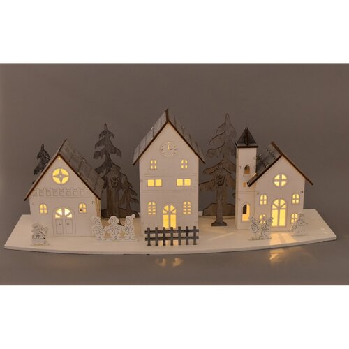 Decorațiune LED din lemn Trei case , 44 x 15,8x 13,5 cm