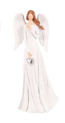 Anioł z sercem w dłoniach, wykonany z poliresinu,20 cm, biały