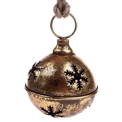 Kovová závěsná rolnička s vločkou zlatá, 12 x 20cm