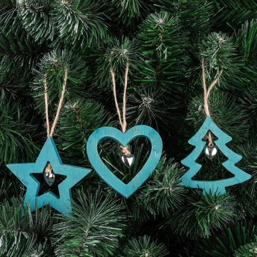 Drevená vianočná dekorácia Trio modrá, 3 ks