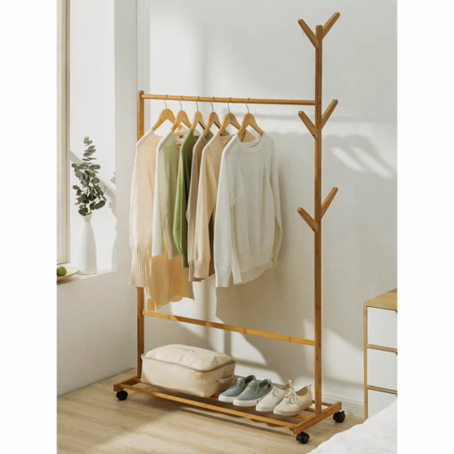 Wieszak na kółkach Vikir typ 3, bambus, 100 x 35 x 174 cm