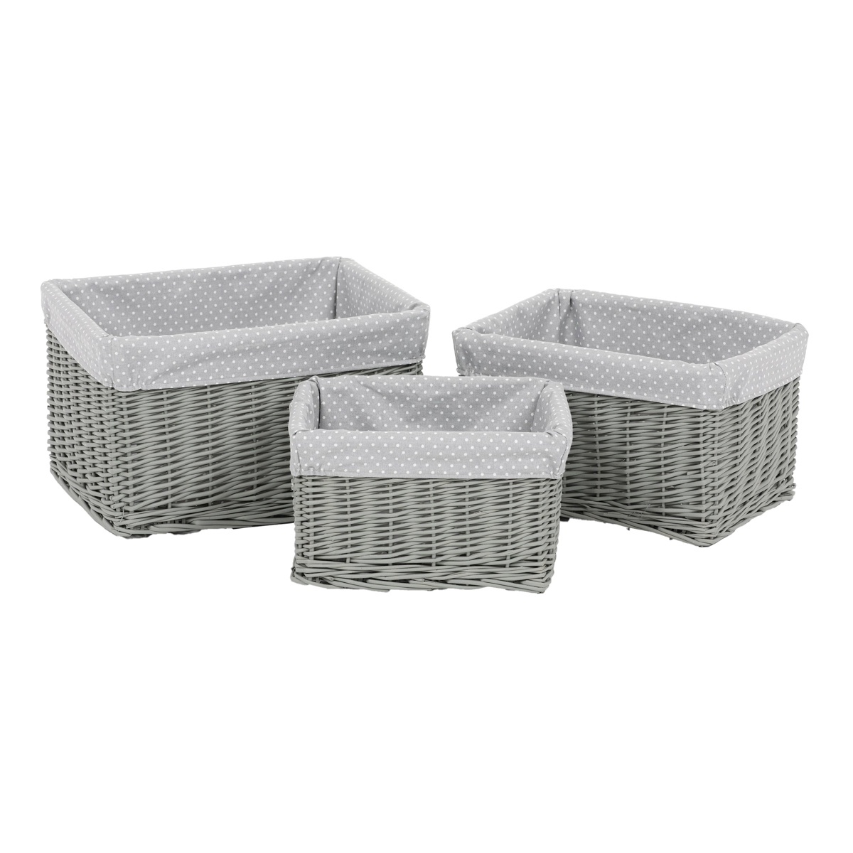 Szürke fonott polcos kosárszett szövettel, pöttyös, 3 db, 3 méretben, 48 x 25 x 39 cm