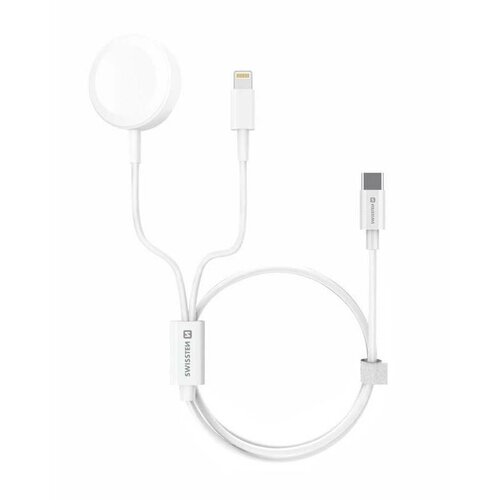 Fotografie SWISSTEN Nabíjecí magnetický kabel 2v1 pro Apple Watch a Lightning USB-C, 1,2 m, bílá