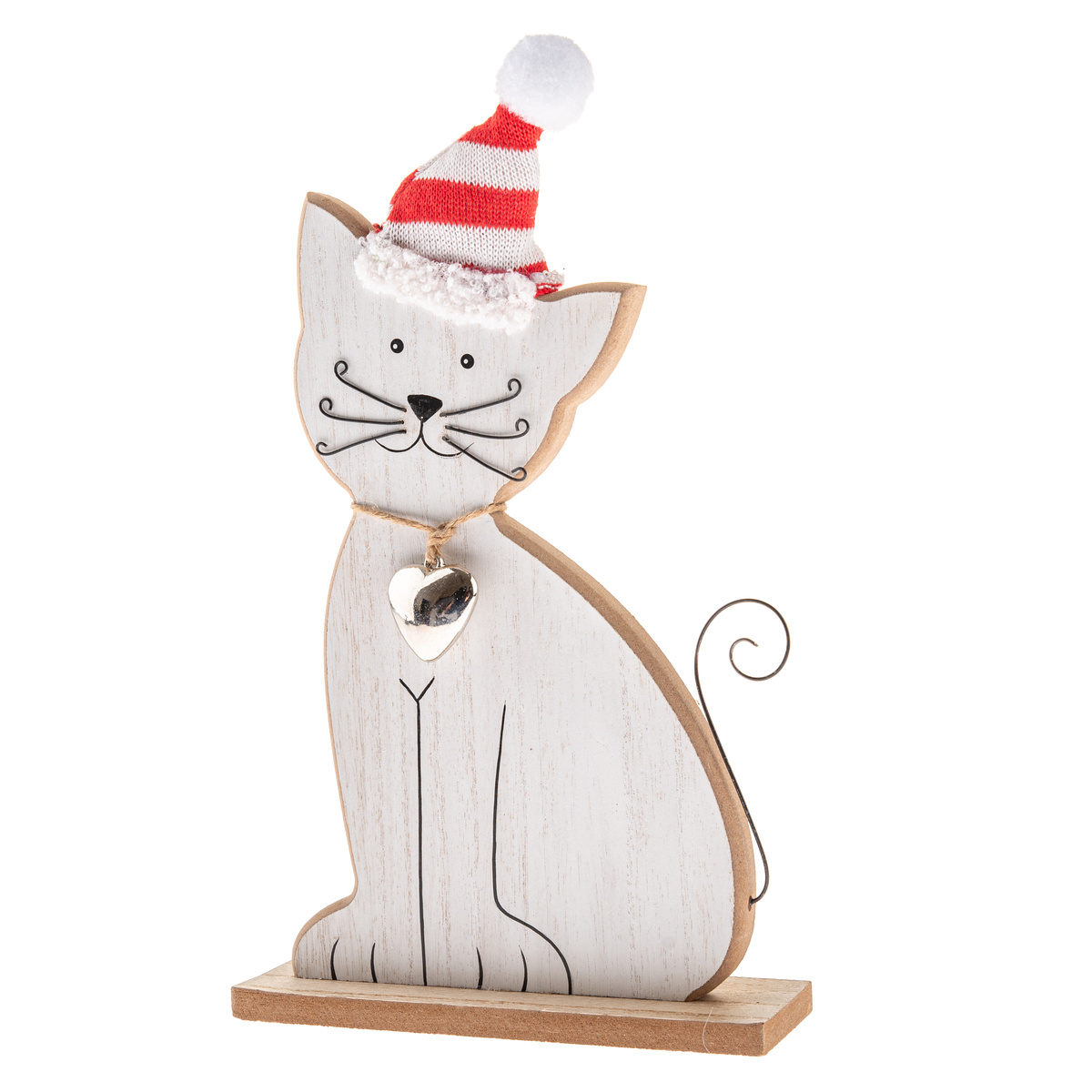 Drevená mačka s rolničkou a pletenou čiapkou, 29 cm
