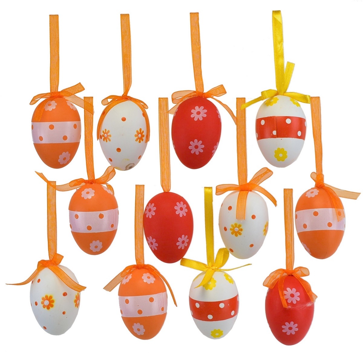 Kézzel festett tojások szalaggal, táskában, 12 db,h. 6 cm