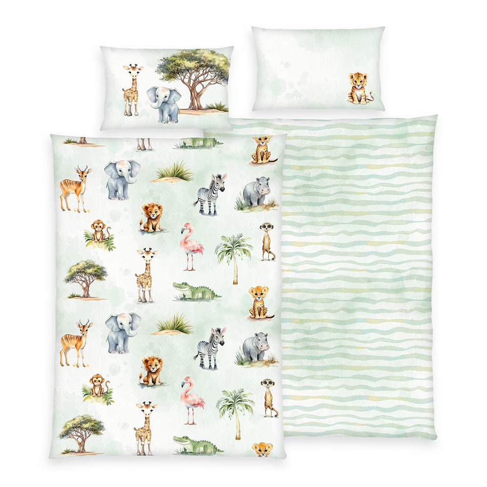 Lenjerie de pat de pătuț din flanel Herding Baby Safari, 100 x 135 cm, 40 x 60 cm, 100 x 135 cm, 40 x 60 cm