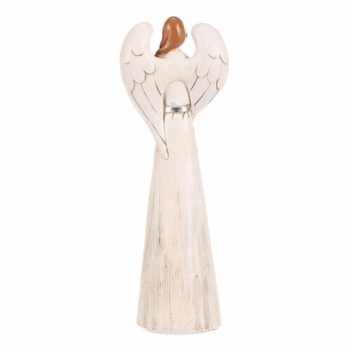 Anioł z poliresinu z srebrnym sercem, 33 cm, jasnobeżowy