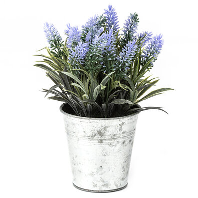 Umelá levanduľa v plechovom kvetináči modrofialová, 24 cm