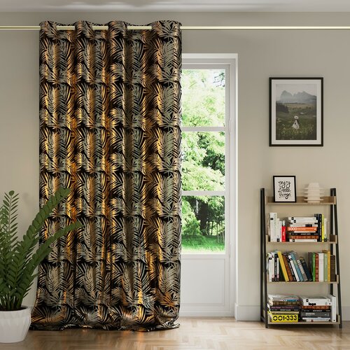 Restilo Draperie Velvet golden Leaves neagră, 140 x 245 cm
