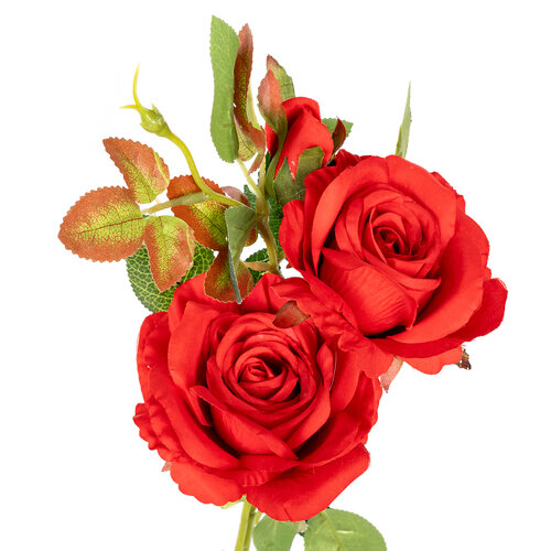 Buchet artificial de trandafiri cu două flori șiun boboc, roșu, 71 cm