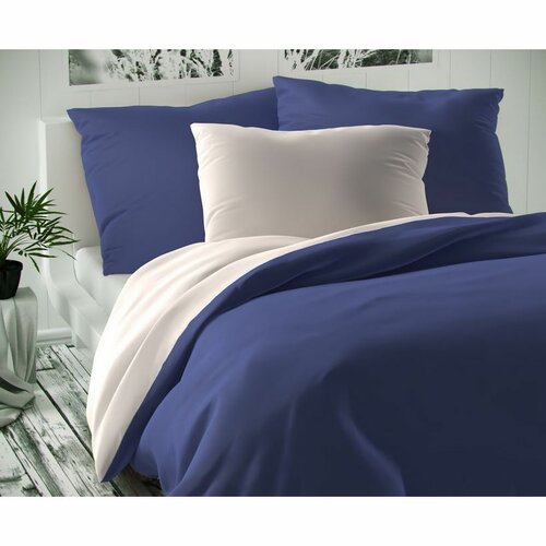 Satenasta posteljnina Luxury Collection bela/temnomodra, 240 x 200 cm, 2 kos 70 x 90 cm