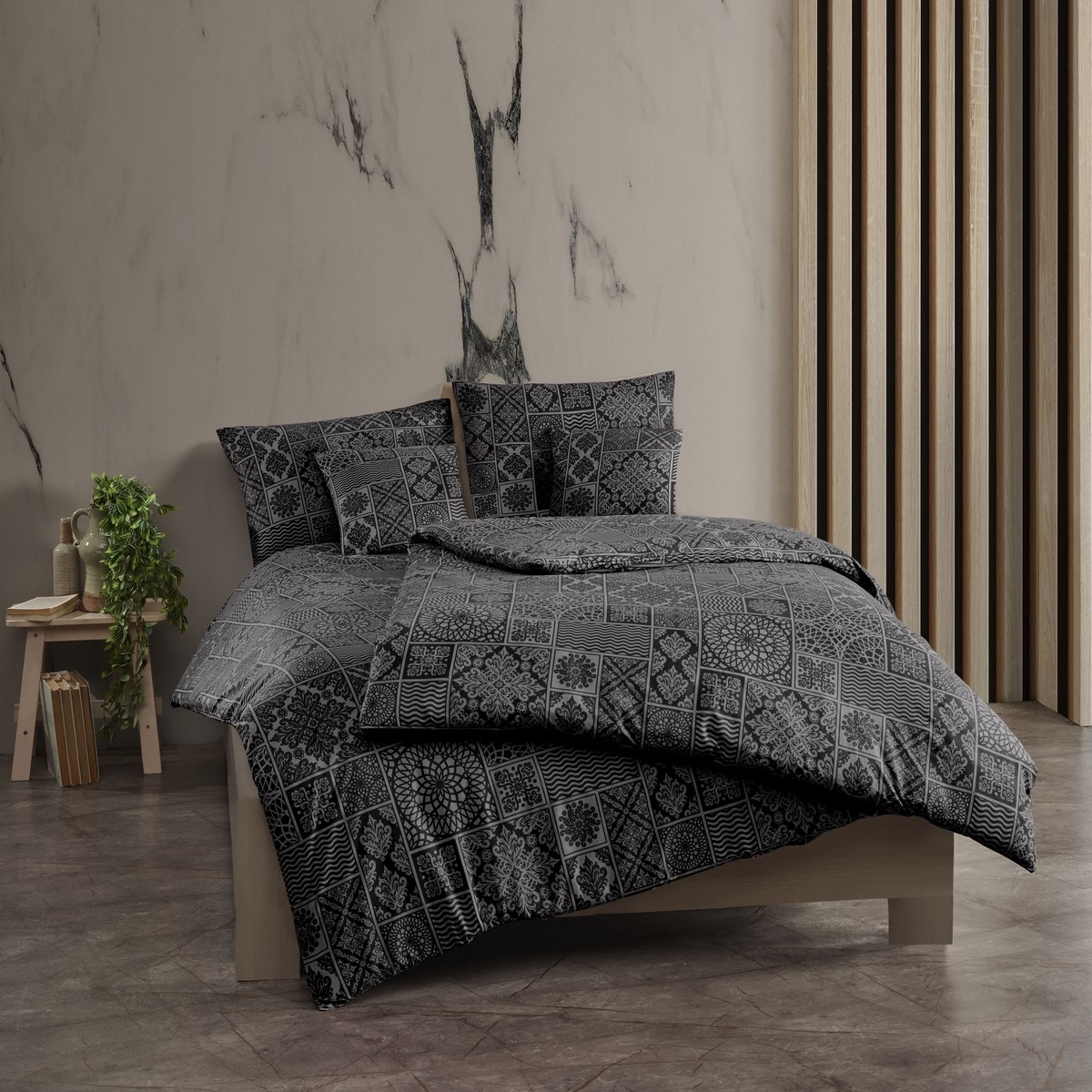 Kvalitex Bawełniana pościel Tokyo czarna, 220 x200 cm, 2x 70 x 90 cm, 220 x 200 cm, 2 szt. 70 x 90 cm