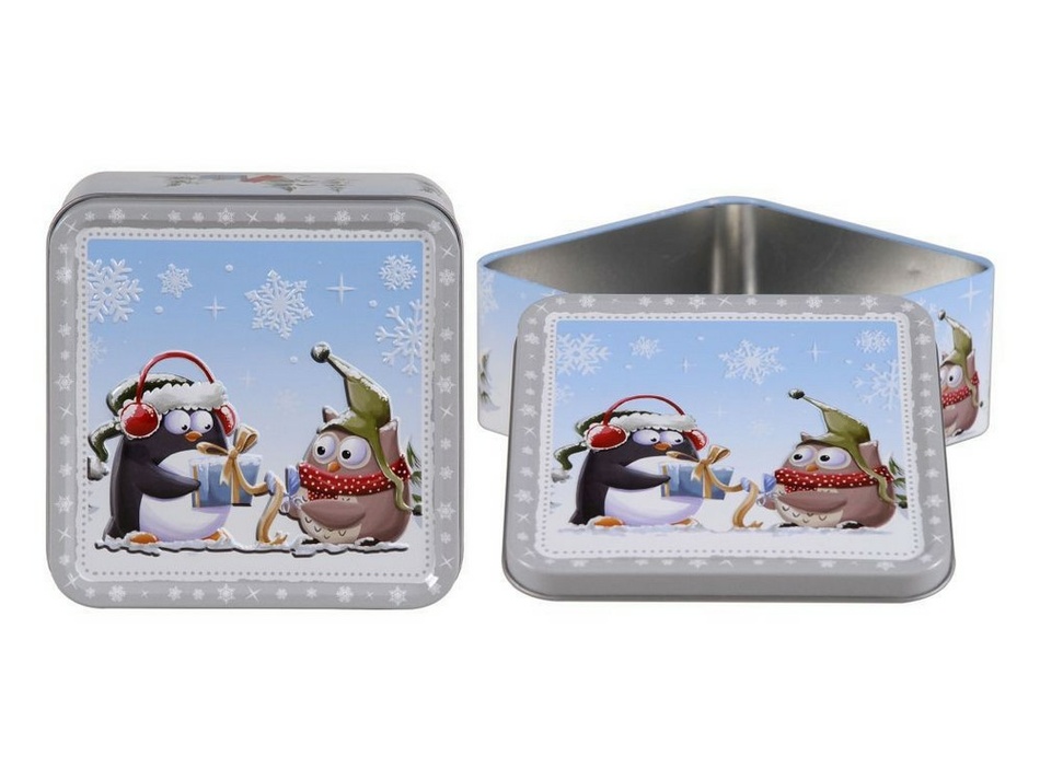 Altom Plechová dóza s vekom X-Mas penguin and owl, 15 x 15 x 6 cm