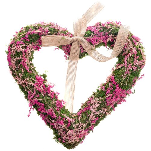 Závěsné mechové srdce se sušenými kvítky, růžová, 30 x 4 cm