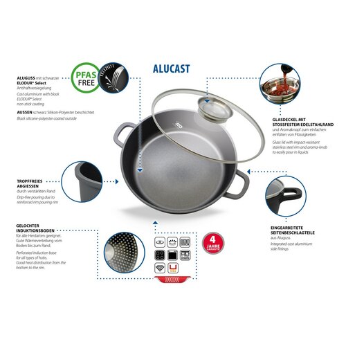 Elo 19632 Pekáč se skleněnou poklicí a aroma úchytem Alucast 32 cm