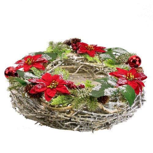 Vianočný ozdobený veniec Poinsettia a prútie, 30 cm