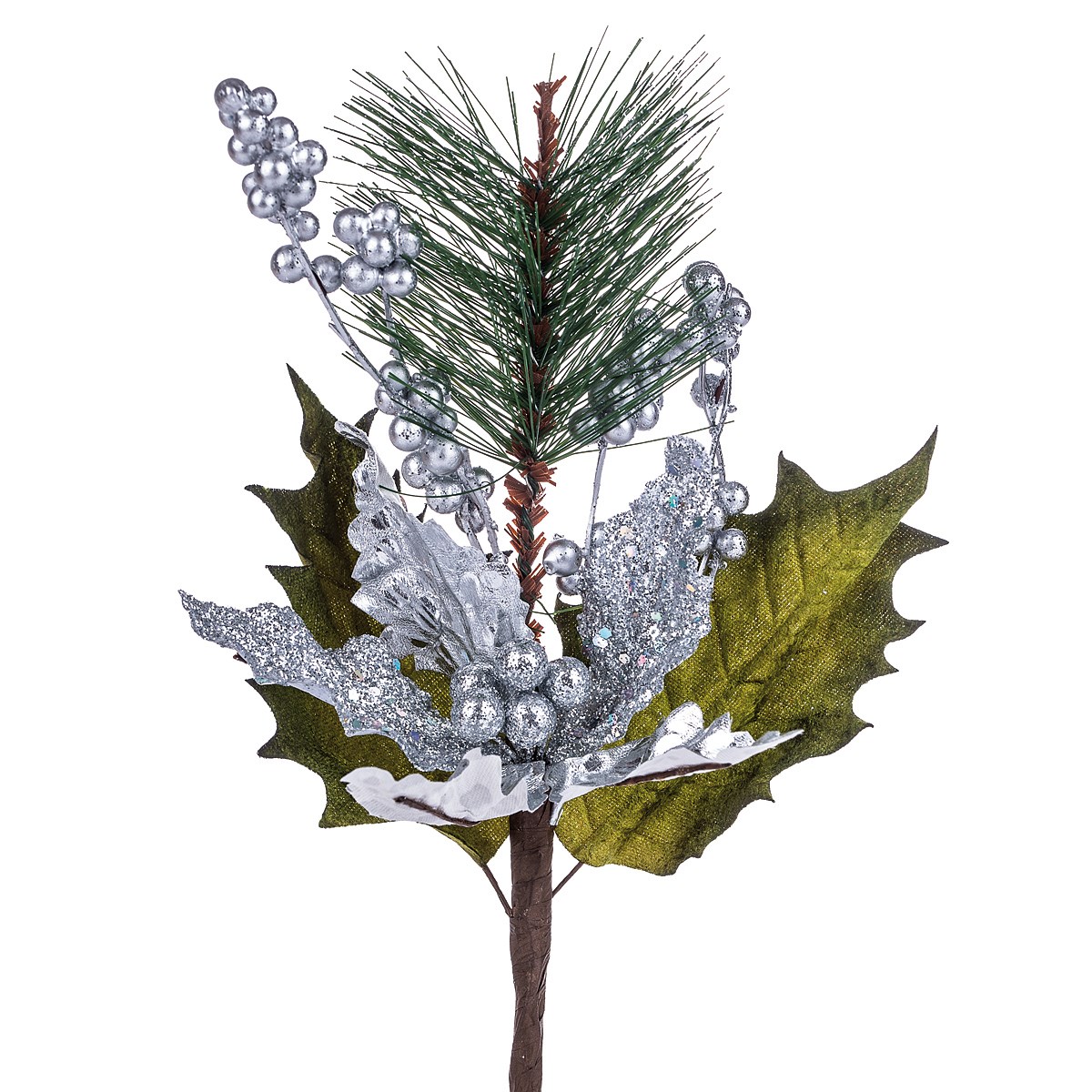 Umelá kytica Poinsettia s bobuľami, strieborná