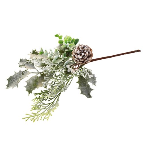 Zimowa gałąź ze szronem i szyszką, 35 cm