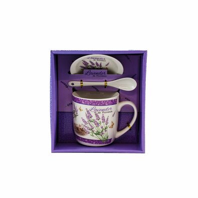 Kubek porcelanowy z talerzykiem i łyżeczką Lavender de Provence