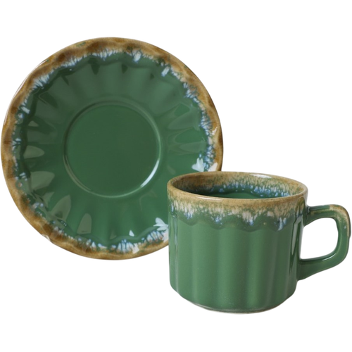 Set of 6 ceramic cups with saucers Elementa 185ml, green