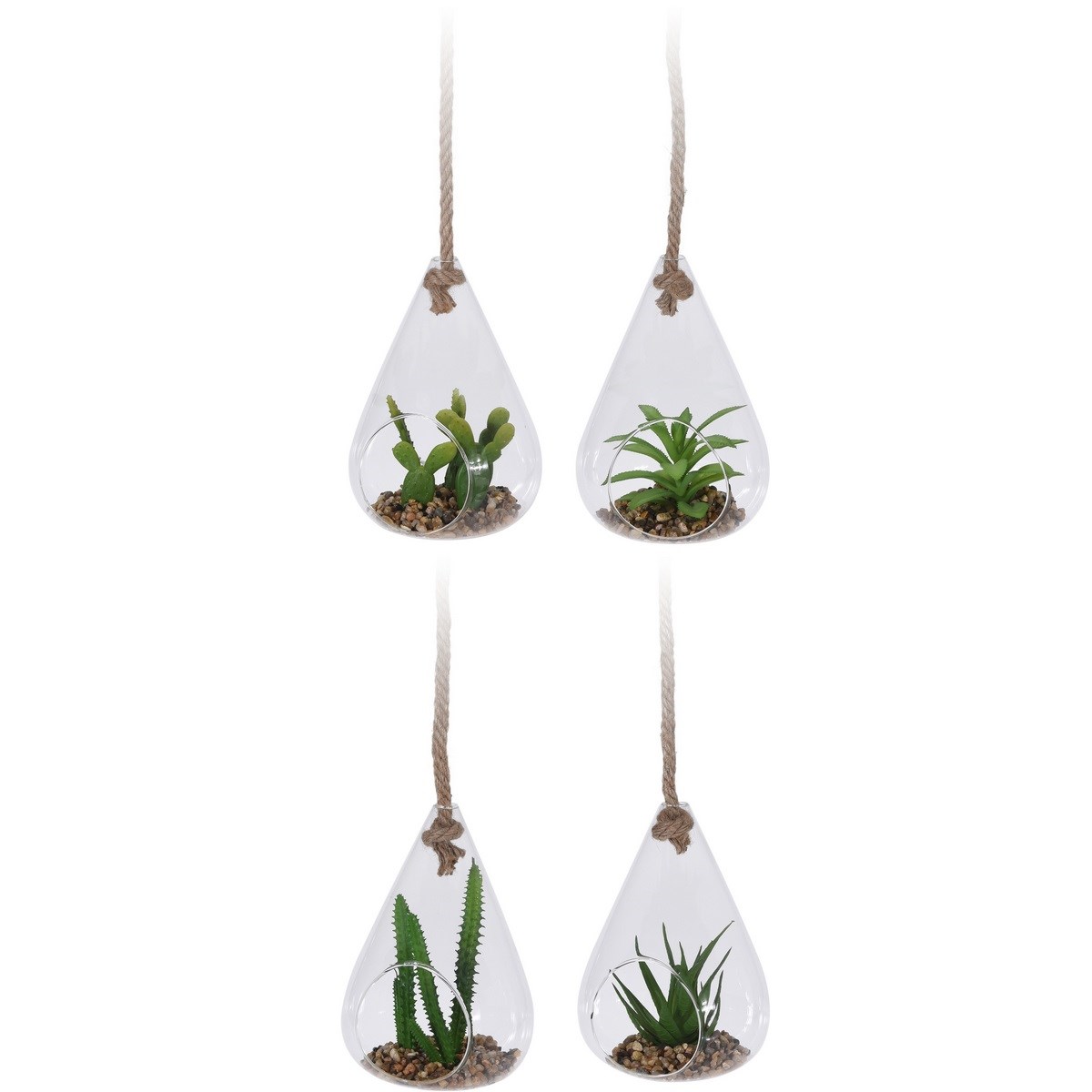 Umelý kaktus v závesnom sklenenom kvetináči, zelená