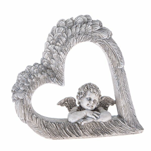 Decorațiune inimă cu înger, gri, poliresină, 14,5 x 13,5 x 4 cm