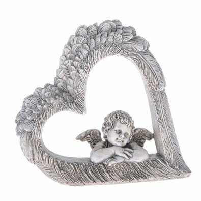 Dekoracja serce z aniołem, szary, polyresin, 26 x 15 x 38 cm