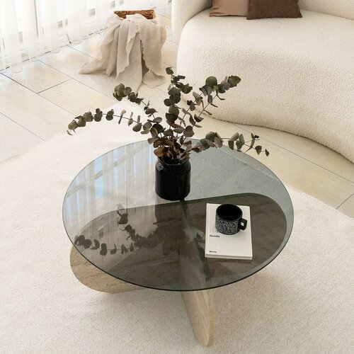 Couchtisch Bubble Travertine mit dunklem Glas