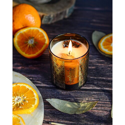 Organska kadilna sveča Mandarin &amp; Bay Leaf 200g v steklenem kozarcu z zlato folijo