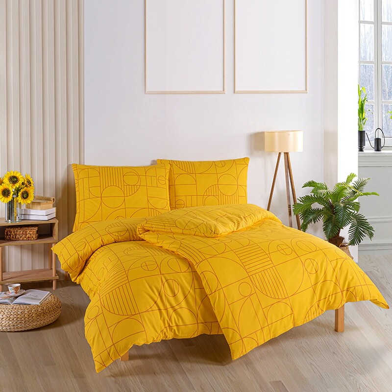 BedTex Bavlněné povlečení Geo Ray Flower žlutá, 140 x 220 cm, 70 x 90 cm, 140 x 220 cm, 70 x 90 cm