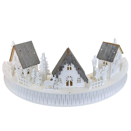 Drewniana dekoracja LED z wioską i domkami, 40 x14 x 20 cm, półokrągła