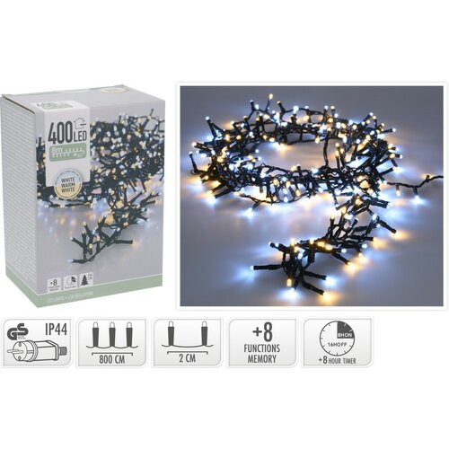 Vonkajšia svetelná reťaz Microcluster, 8 m, 400 LED, teplá biela + biela, časovač, IP44