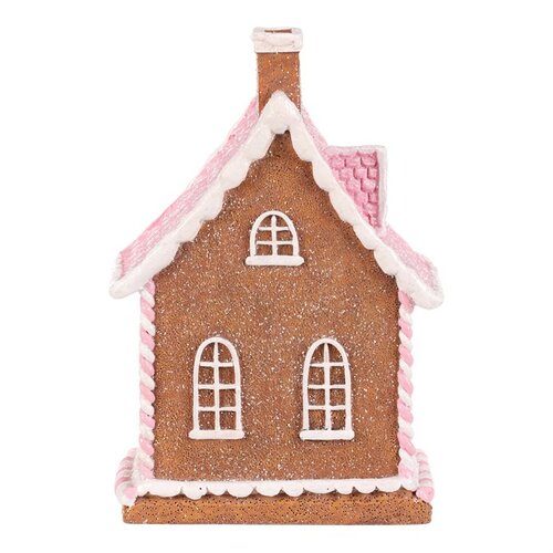 Vianočná dekorácia Perníkový domček s ružovou strechou, polyresin, LED, hnedá