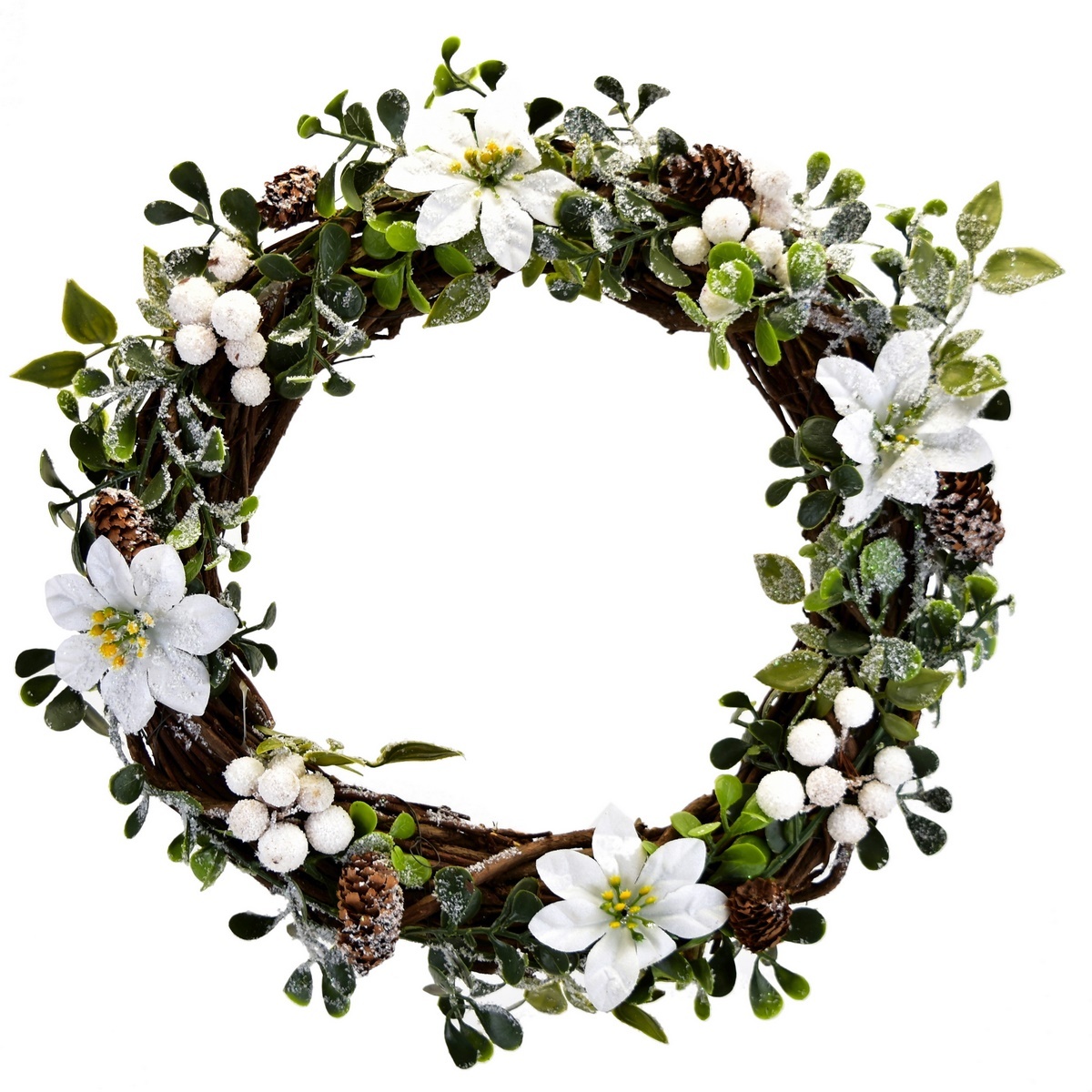 White poinsettia karácsonyi fonott koszorú, 30 cm akciós termékkép 1