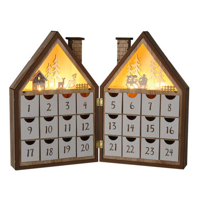Calendar de Advent din lemn cu LED-uri Casa deCrăciun, 8x LED, 19 cm, 2x AAA