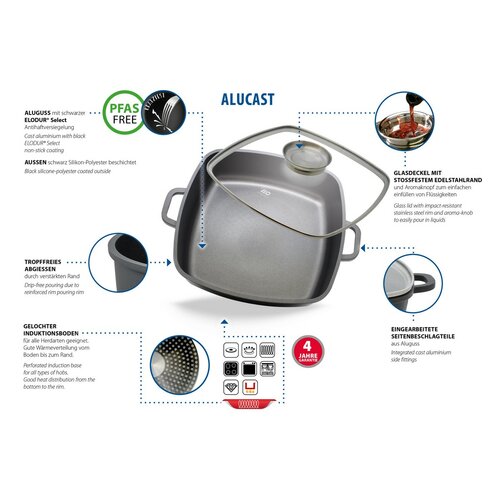 Elo 19658 Жаровня зі скляною кришкою таароматичною ручкою Alucast 28 x 28 см