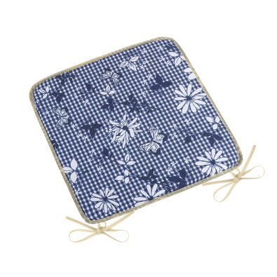 Bellatex Sitzkissen DITA glatt Karo mit Blume blau, 40 x 40 cm