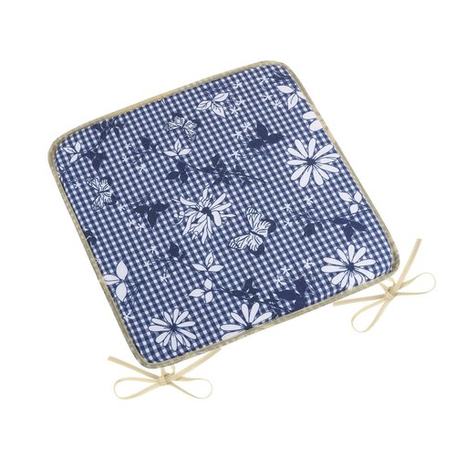Bellatex Sitzkissen DITA glatt Karo mit Blume blau, 40 x 40 cm