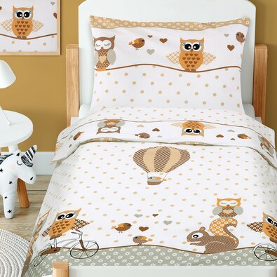 Bawełniana pościel dziecięca do łóżeczka Beata Sówka beżowy, 100 x 135 cm, 45 x 60 cm