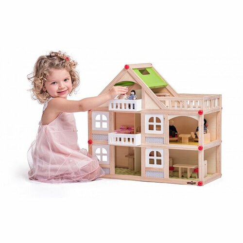 Woody Zweistöckiges Puppenhaus mit Balkon und Zubehör, 55 x 26 x 51,5 cm