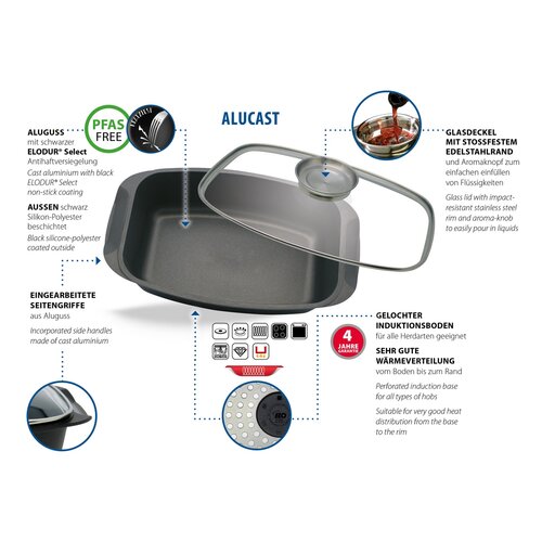 Elo 84932 Tavă de copt cu capac din sticlă șimâner cu aromă Alucast 40 x 22 cm