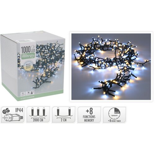 Zewnętrzny łańcuch świetlny 20 m, 1000 diod LED, ciepła biała + biała, timer, IP44