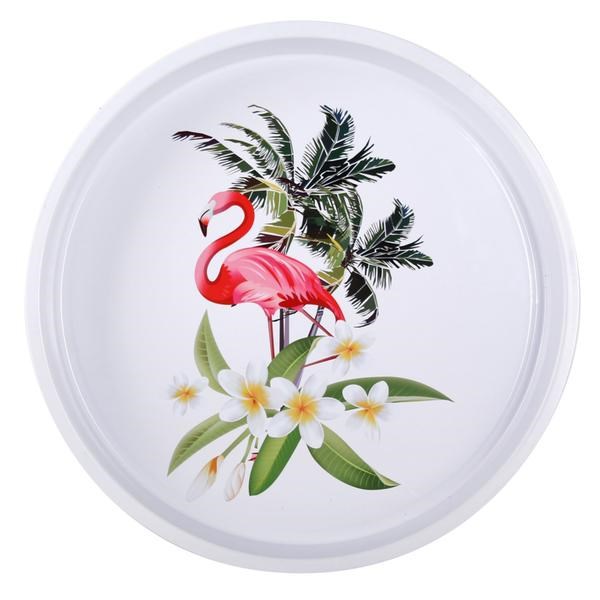 Plechový servírovací podnos Plameniak, 33 cm, biela