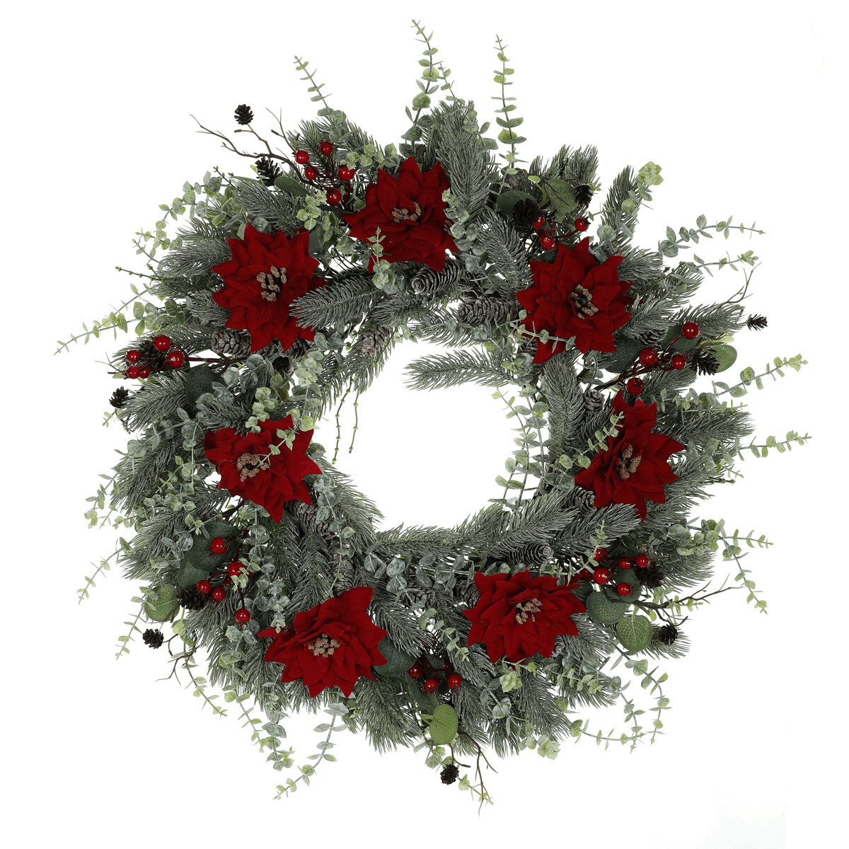 Uměl&yacute; adventn&iacute; věnec s v&aacute;nočn&iacute; růž&iacute; a eukalyptem, průměr 60 cm
