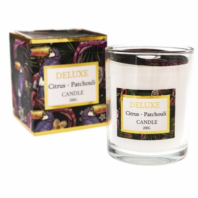 Dišeča sveča v steklenem kozarcu DELUXE, pačuli incitrus, 200 g