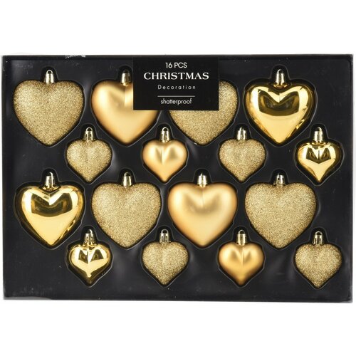 Набір з 16 шт. різдвяних прикрас Hearts, насичений золотий, коробка 31,5x3,5x22,5 см, пластик