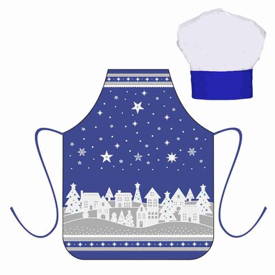 Set Crăciun pentru copii, șorț bucătărie și șapcă, albastru