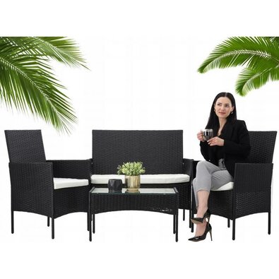 Aldotrade Rattanowy zestaw ogrodowy GardenLine, czarny + kremowe siedziska